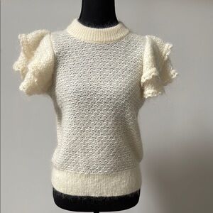 Sezane Cream Textured Sweater with Ruffled Sleeves